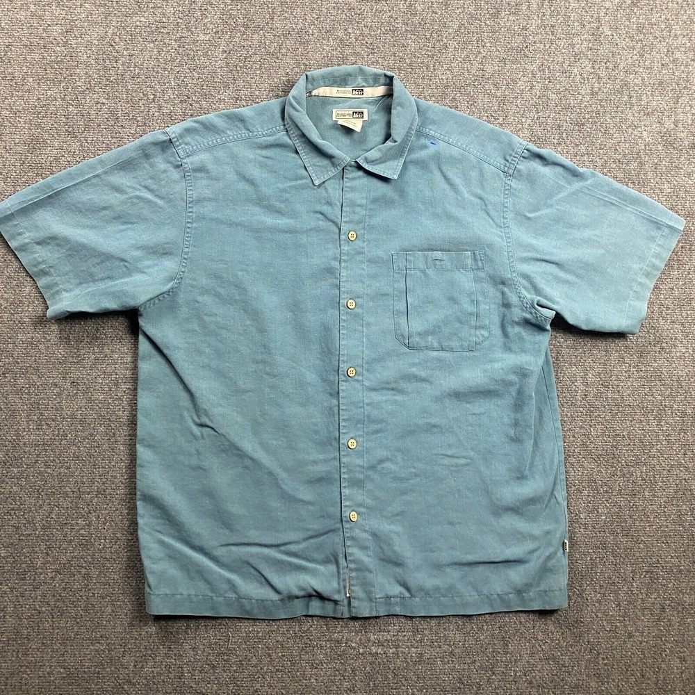 REI Shirt Adults Medium Blue Button Up Front Pocket Cantiva Hemp P.E.T. Mens